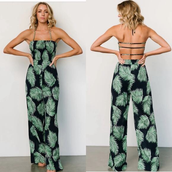 Baltic Born Pants - Baltic Born Darlene Jumpsuit Navy and Green Palm Print
